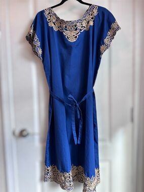 Embroidered Blue Belted Midi Dress